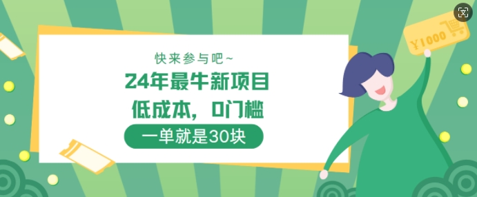 24年最牛新项目，低成本，0门槛 ，一单就是30块，轻松月入1w（低成本,门槛,新项目,月入,轻松....）