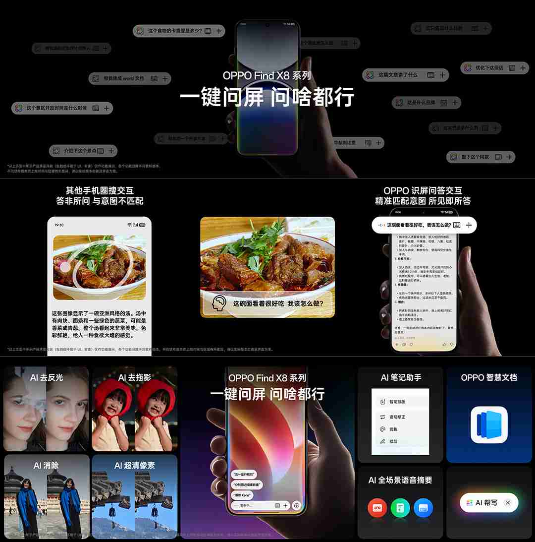 oppo find x8 系列手机支持 ai 消除、ai 去反光、ai 去拖影、ai 超清像素等功能