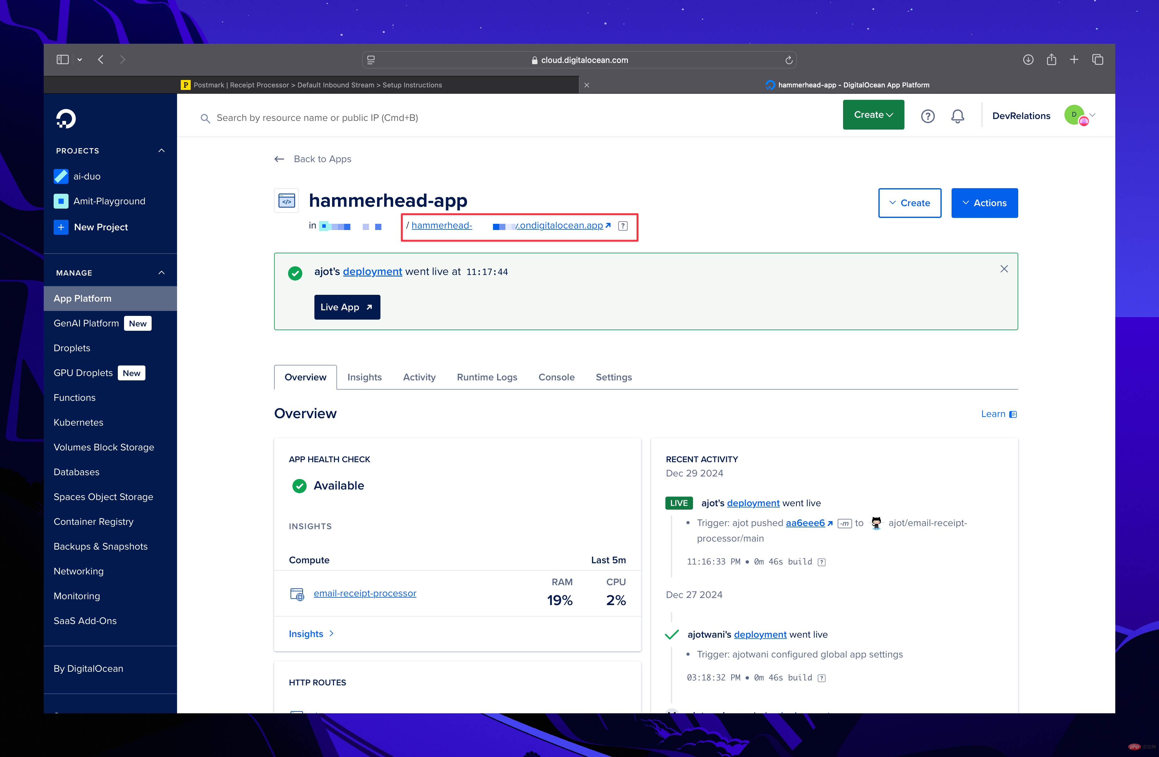 DigitalOcean app dashboard showing live app